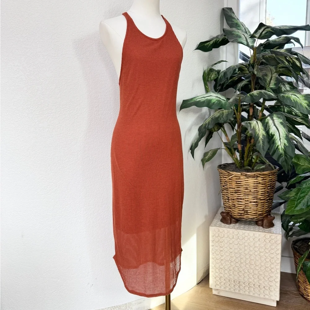 Urban Outfitters Sparkle & Fade Rust Ribbed Sheer Tank Dress M - Picture 4 of 9